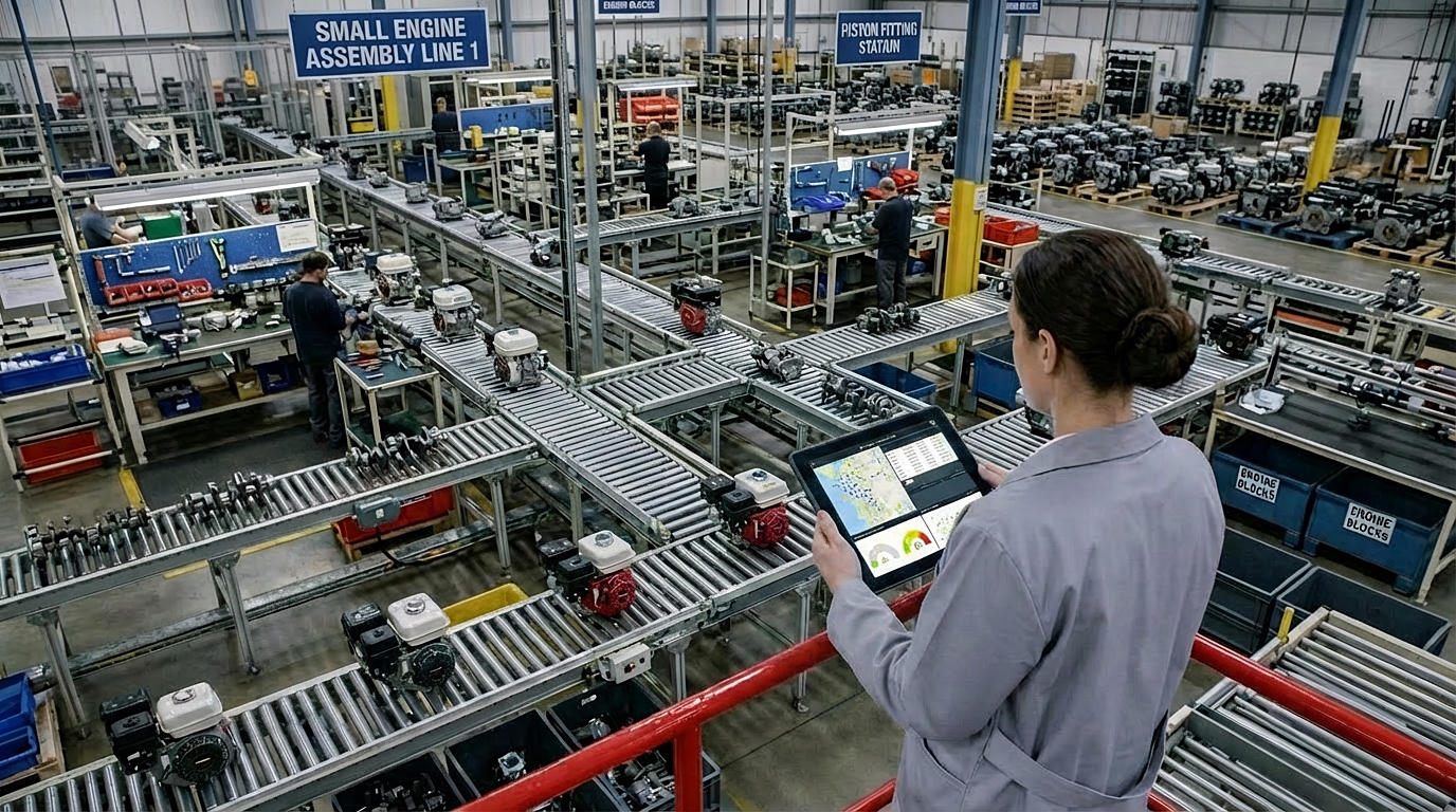 Female overlooking manufacturing floor